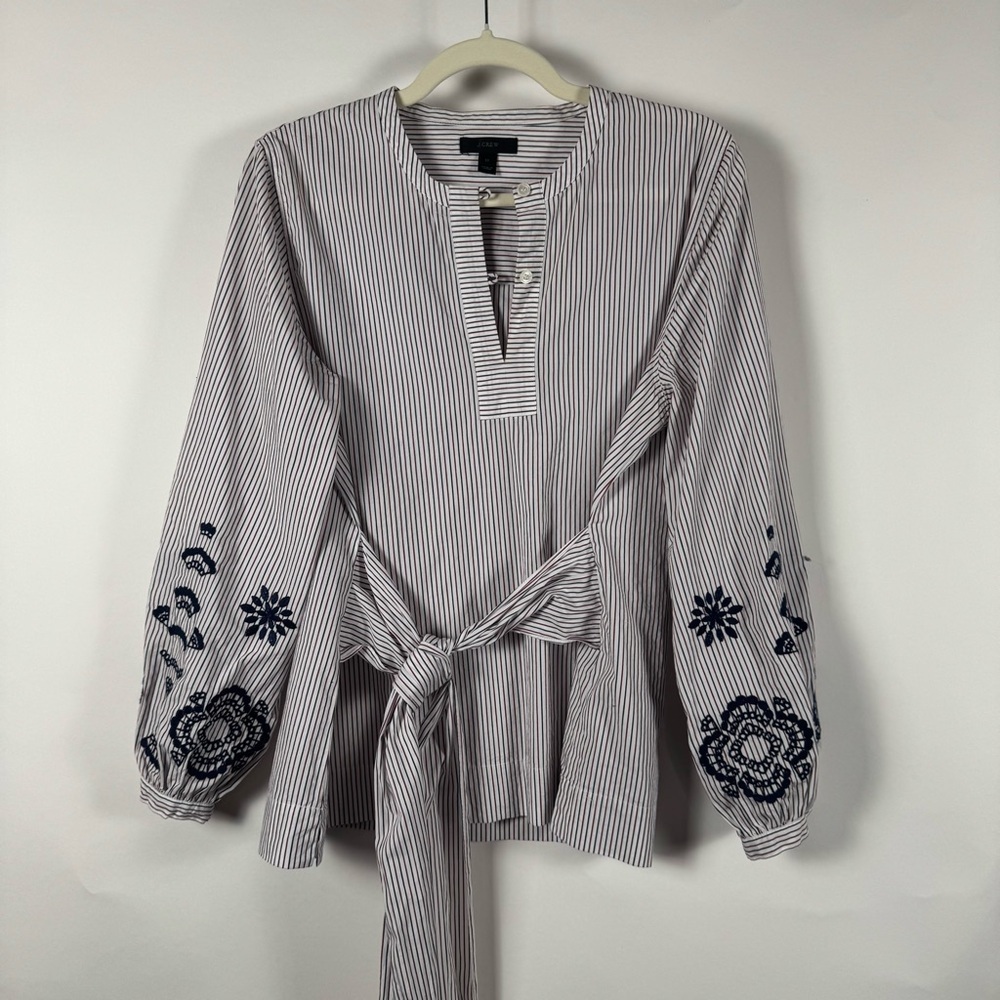 J.Crew Striped Tie-Waist Blouse with Navy Floral Embroidery MEDIUM Boho Indie